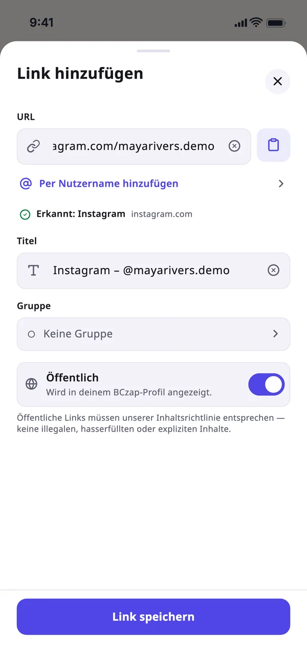 Profil per Nutzername hinzufügen